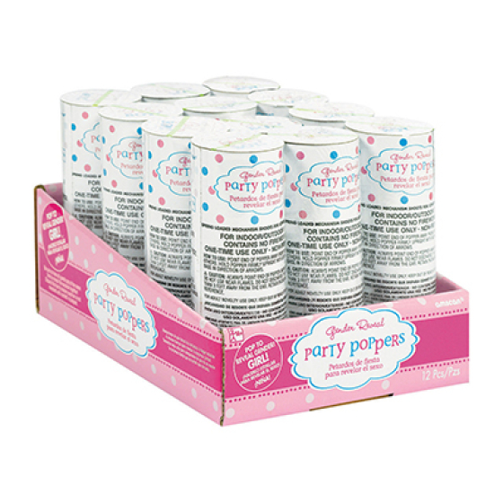 PARTY POPPERS - PINK GENDER REVEAL CONFETTI CANNON - PACK 12