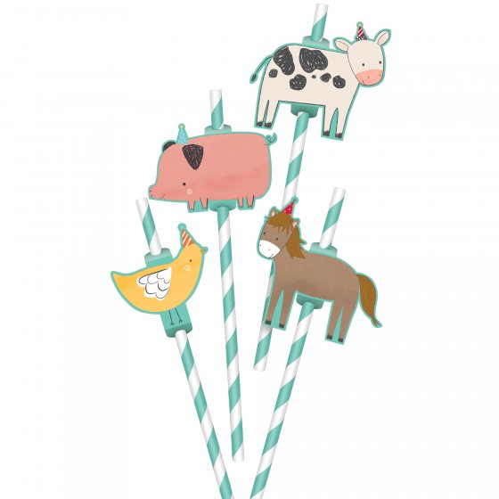 BARNYARD BIRTHDAY PARTY STRAWS WITH ADD ON ANIMALS - PACK OF 12