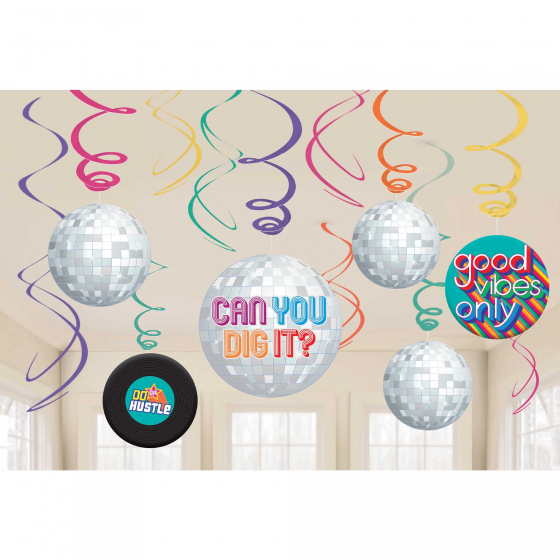 70'S DISCO 'GOOD VIBES' HANGING SWIRL DECORATIONS - PACK 12