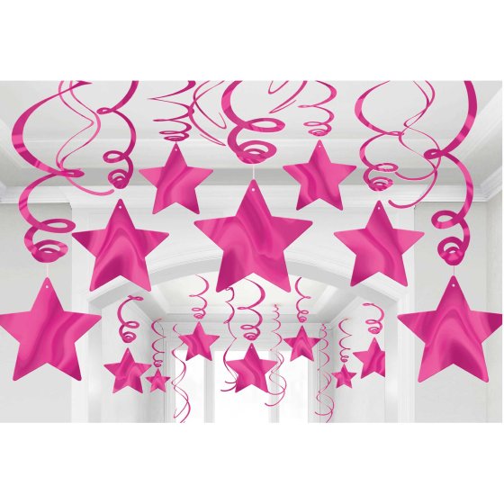 STAR HANGING SWIRL DECORATION BRIGHT PINK PACK OF 30