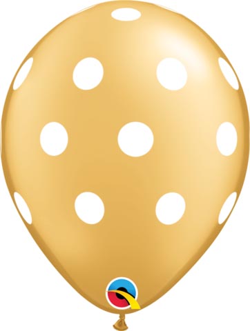 BALLOONS LATEX - GOLD WITH WHITE POLKA DOTS PACK OF 6