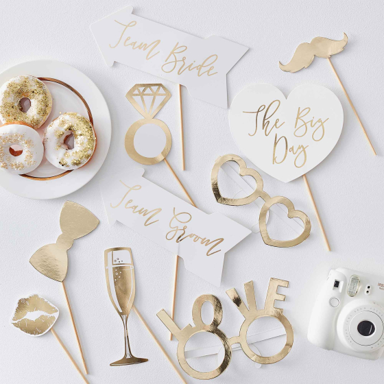 SELFIE PHOTO BOOTH PROPS - GOLD WEDDING ASSORTED PACK OF 10