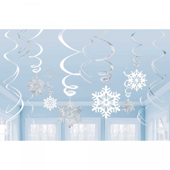 SNOWFLAKES SWIRL DECORATIONS WHITE & SILVER - PACK OF 12