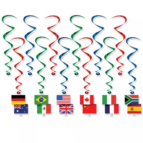 INTERNATIONAL FLAGS HANGING WHIRL DECORATIONS - PACK OF 12