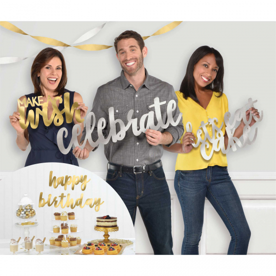 SELFIE PHOTO BOOTH PROPS - GOLD & SILVER BIRTHDAY - PACK OF 5