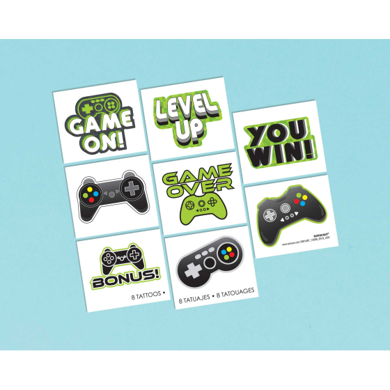 LEVEL UP GAMING TATTOOS PARTY FAVOURS PACK OF 8
