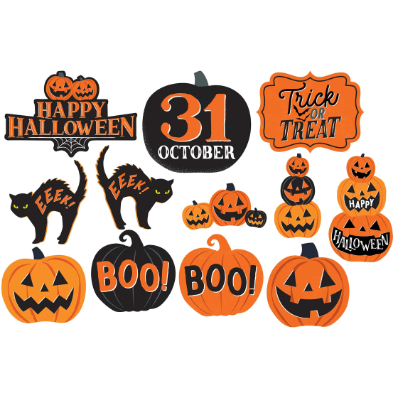 HALLOWEEN TRADITIONAL ORANGE & BLACK CUT OUTS - PACK OF 12