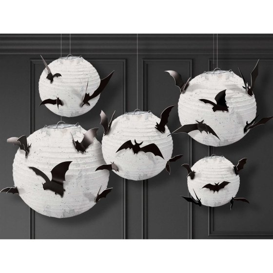 HALLOWEEN CLASSIC BLACK & WHITE PAPER LANTERNS WITH BAT ADD ONS