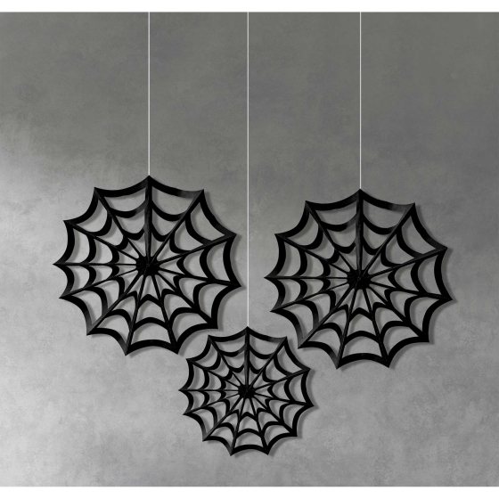 HALLOWEEN HANGING SPIDERWEB PAPER FANS - PACK OF 3