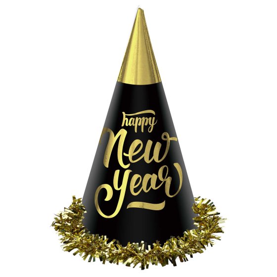 HAT - HAPPY NEW YEAR BLACK & GOLD FOIL CONE HAT BOX OF 24