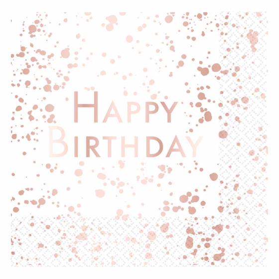 HAPPY BIRTHDAY LUNCH NAPKIN ROSE GOLD - PACK 16
