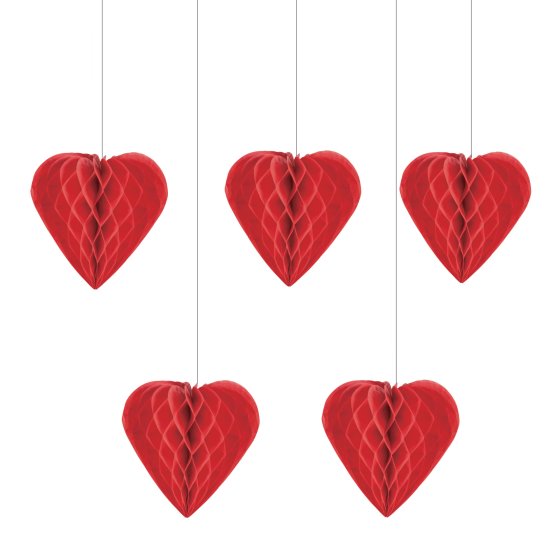 VALENTINES HEARTS HANGING HONEYCOMB DECORATIONS - PACK OF 5