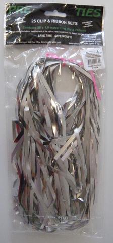 RIBBONS PRE-CUT METALLIC SILVER PK 25 WITH CLIPS