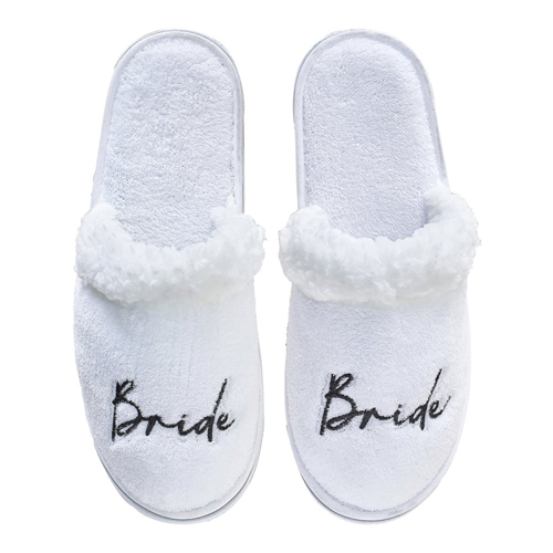 BRIDE TO BE FLUFFY WHITE SLIPPERS