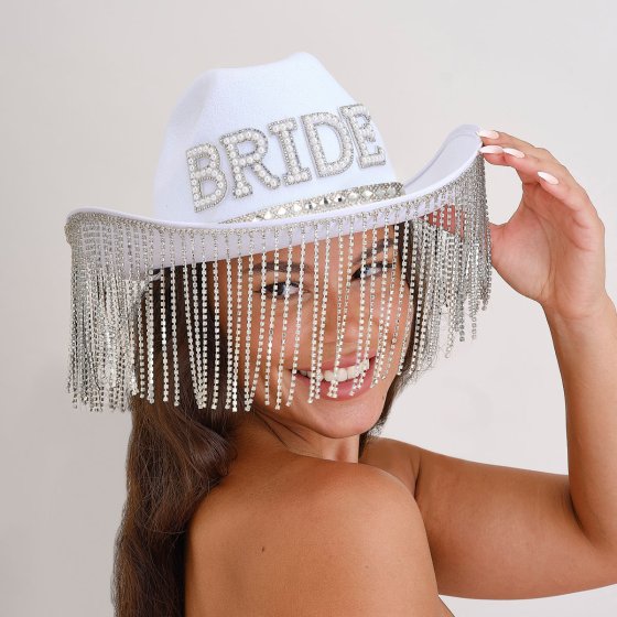 HEN'S WEEKEND 'BRIDE' COWBOY HAT WITH DIAMANTE TASSELS