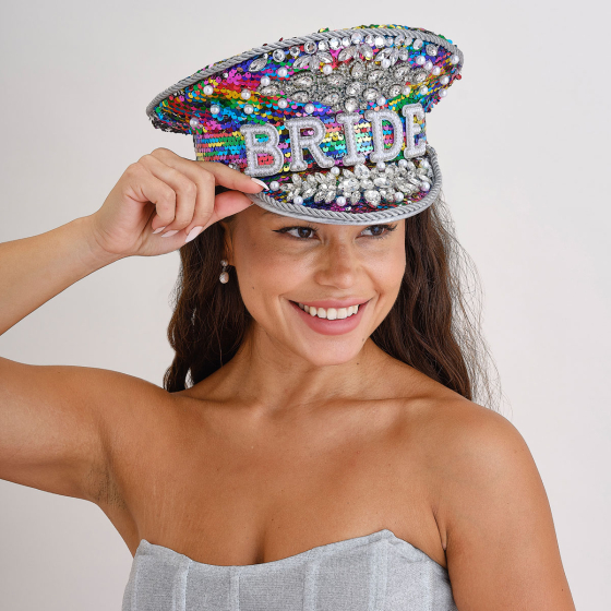 HEN'S WEEKEND FESTIVAL STYLE MULTI COLOURED SEQUIN & GEM 'BRIDE' CAP