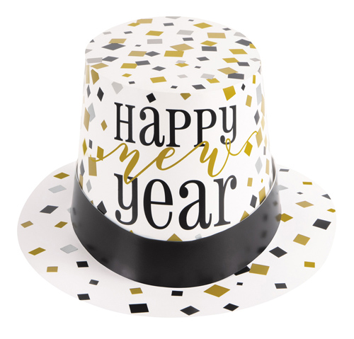 HAT - NYE TOP HAT BLACK, GOLD & SILVER 'HAPPY NEW YEAR' PACK 25