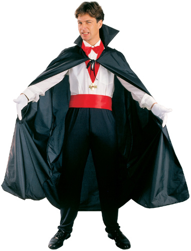 ADULT LONG BLACK SATIN VAMPIRE CAPE WITH COLLAR