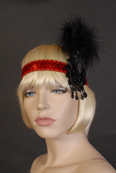 FLAPPER / 1920'S FEATHER HEADDRESS - RED WITH RED/BLACK FEATHERS