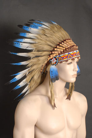 INDIAN CHIEF HEADDRESS WITH BLUE TIP FEATHERS