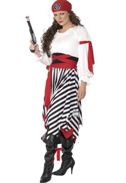 PIRATE LADY COSTUME -BLACK, WHITE & RED - LARGE SIZE