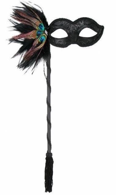 MASK - OSTRICH FEATHER BLACK LACE ON A STICK