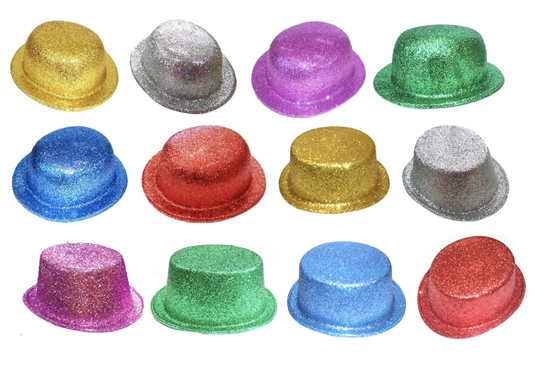 BOWLER & TOP GLITTER HATS IN 12 ASSORTED COLOURS