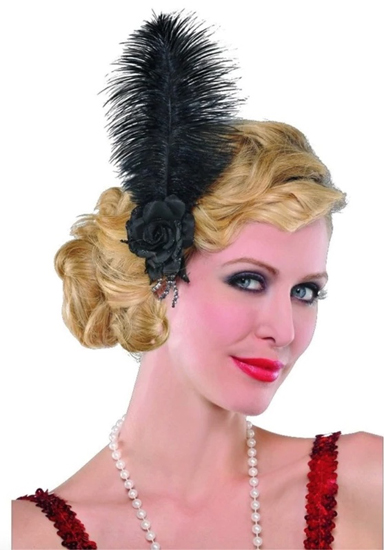 FLAPPER / 1920'S FEATHER & FLOWER HAIRCLIP - BLACK