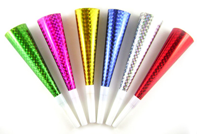 PARTY HORNS WITH LASER - MULTI COLOURED BULK PACK OF 50