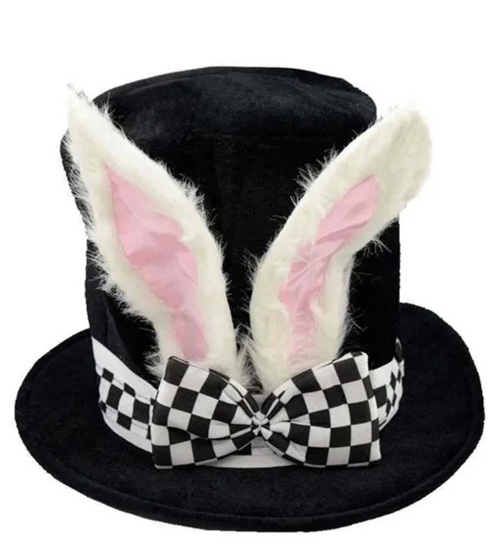 MAD HATTER BLACK TOP HAT WITH CHECK BAND & BUNNY EARS