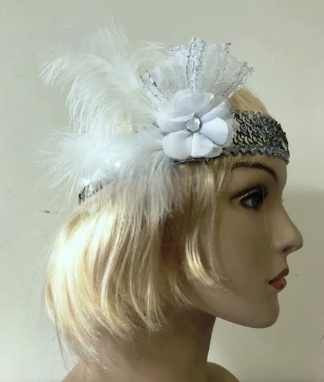 FLAPPER / 1920'S FEATHER HEADDRESS - SEQUIN SILVER & WHITE