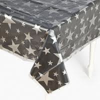 DISPOSABLE TABLECOVER 30M ROLL - CLEAR WITH PRINTED SILVER STARS