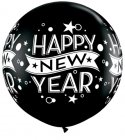 BALLOONS LATEX - ONYX BLACK 'HAPPY NEW YEAR' 3' ROUND PACK OF 2