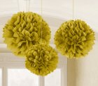 POM POM FLUFFY TISSUE DECORATION - GOLD IN A PACK OF 3