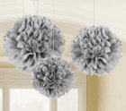POM POM FLUFFY TISSUE DECORATION - SILVER IN A PACK OF 3