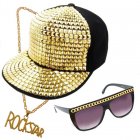 BLING ROCKSTAR PARTY SET - STUDDED GOLD CAP, GLASSES & CHAIN