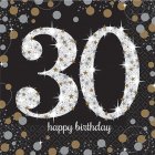 30TH BIRTHDAY NAPKINS - SPARKLING BLACK & GOLD PACK OF 16