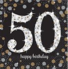 50TH BIRTHDAY NAPKINS SPARKLING BLACK & GOLD - PACK OF 16